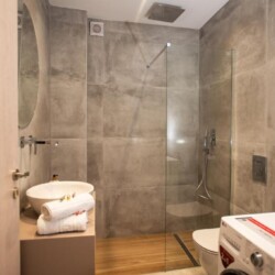 Modern bathroom with a wall-mounted and ceiling shower, toilet, and washing machine.
