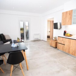 Modern living area with kitchen on the right, dining area with black table and chairs on the left, and a cozy couch